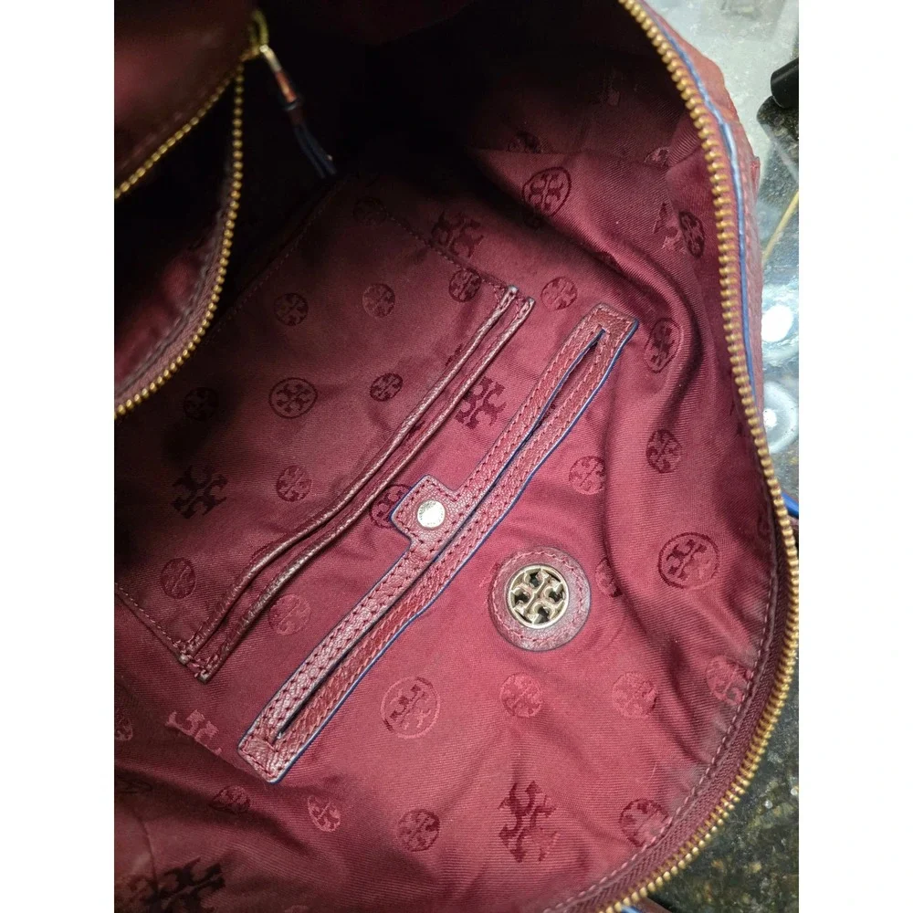 Tory Burch Brody Satchel Large Burgundy Pebbled Leather Gold Logo Duffel Bag